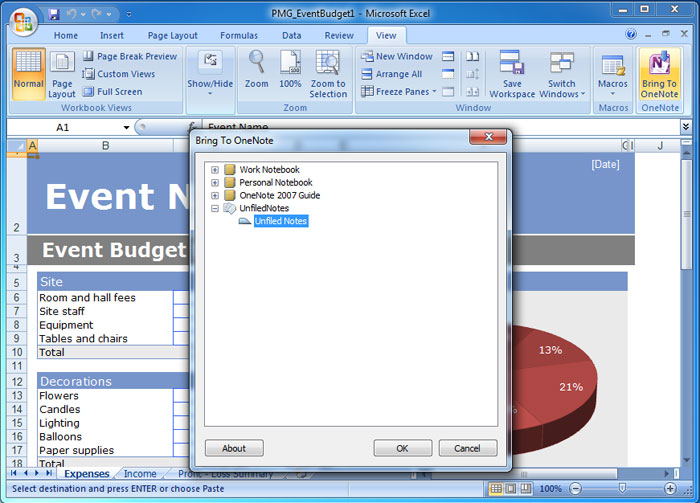 Send to OneNote from Excel