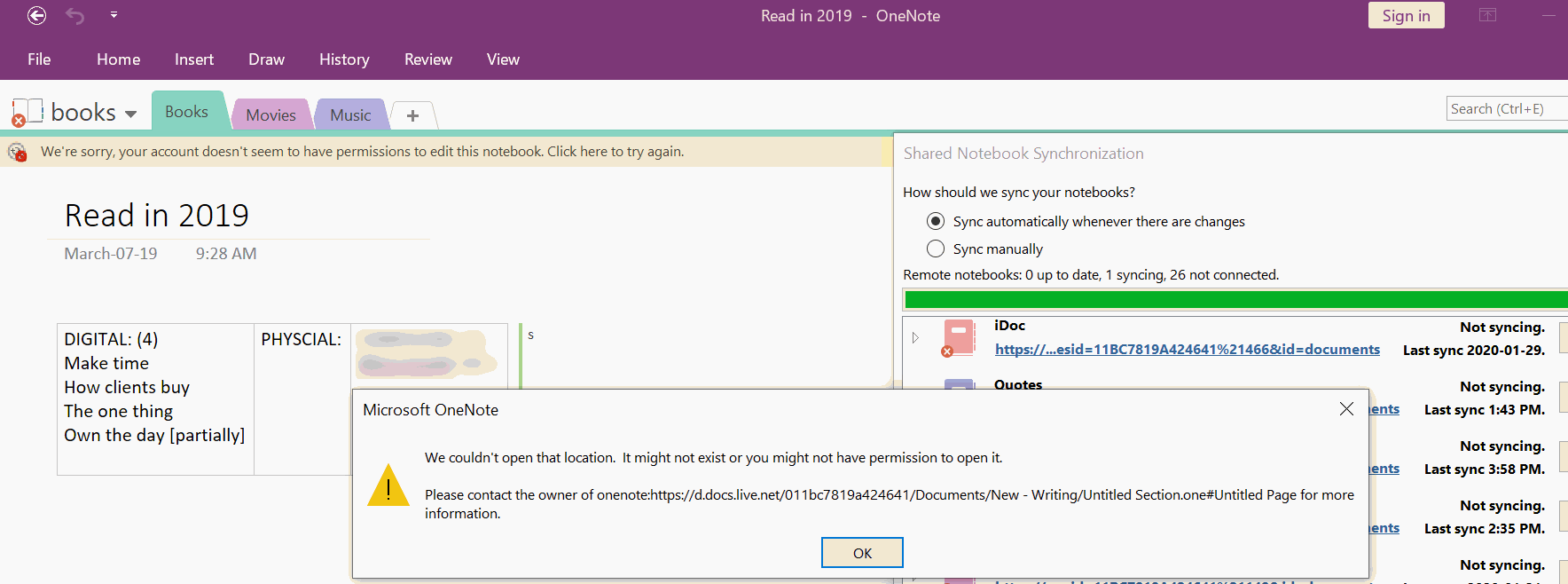 We're sorry, something went wrong during sync. You might not have permissions. (Error code: 0xE0190193)