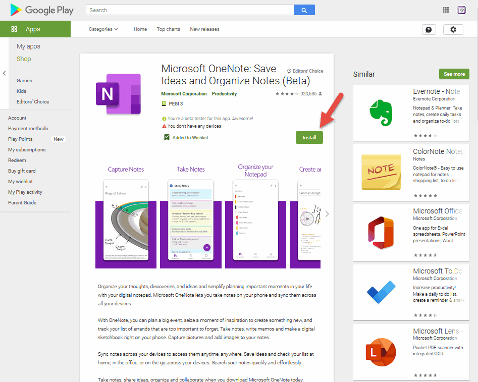 在 Microsoft OneNote: Save Ideas and Organize Notes (Beta) 產品網頁,點擊 Install 按鈕安裝