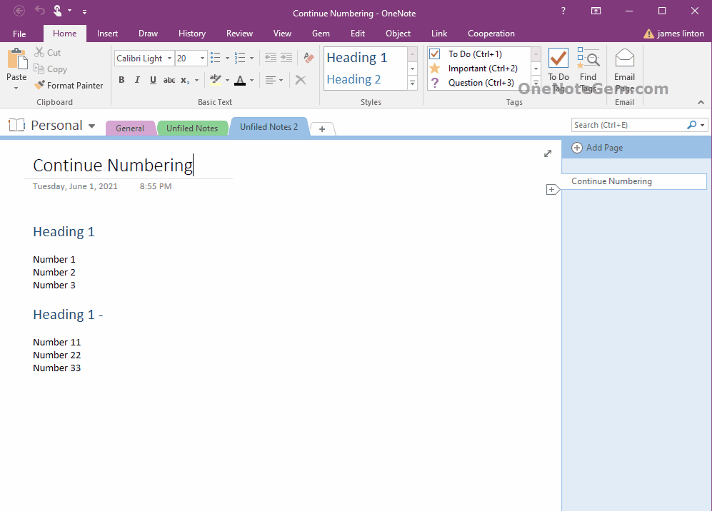 在 OneNote 對相隔開的 2 個數字編號列表進行持續編號。