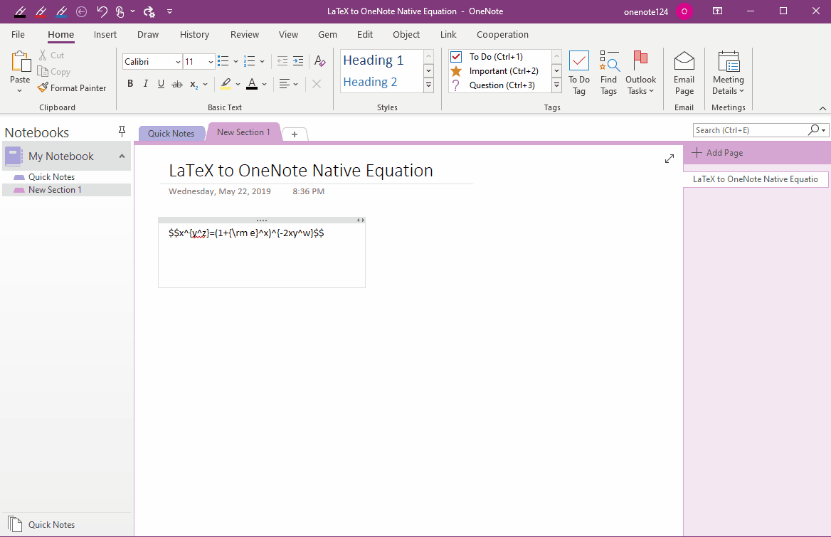 從網頁復制 LaTeX 表達式,通過 Gem 轉換為 OneNote 的原生公式。