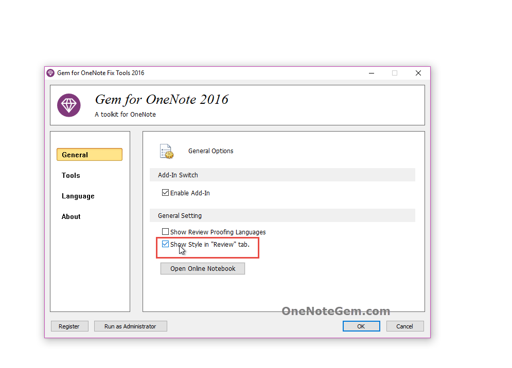 在 OneNote Gem Fix Tool 中打開在 OneNote 的“審閱”選項卡顯示自定義文本樣式菜單
