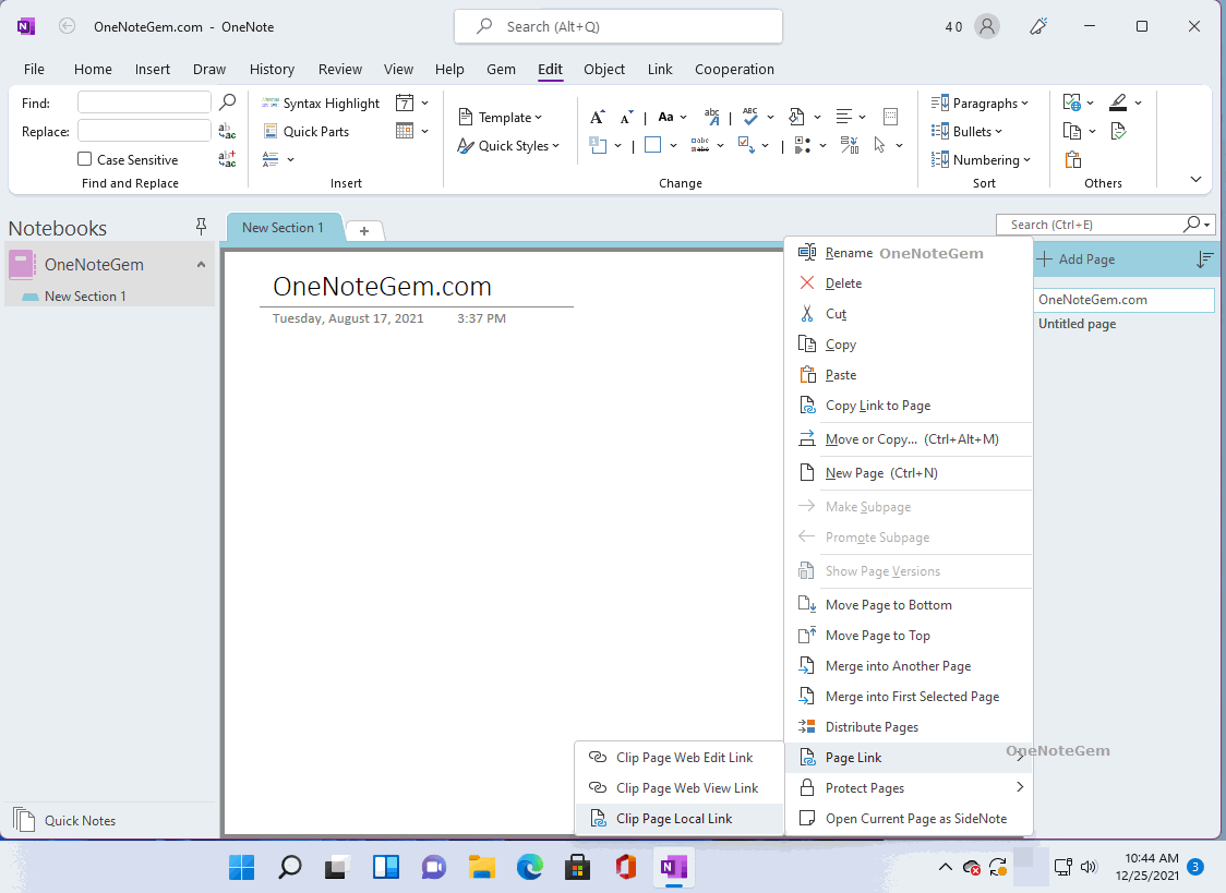 數字筆記珍寶 Gem for OneNote 為 OneNote 頁面提供了復制本地鏈接的功能。