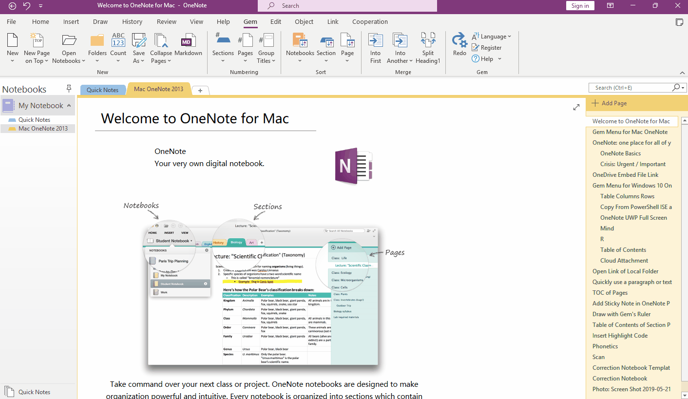 使用 Gem 數字筆記珍寶提供的長視圖,壹次性查看 OneNote 的壹個主頁面及其下的所有子頁面。