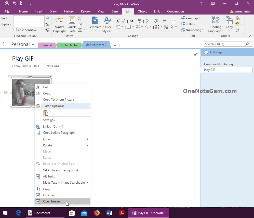 在 OneNote 裏選中 GIF 圖片,右鍵菜單中打開圖片