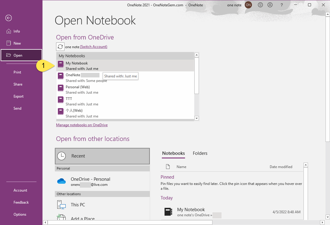 步驟 3:在目標 OneDrive賬戶裏打開/創建目標筆記本