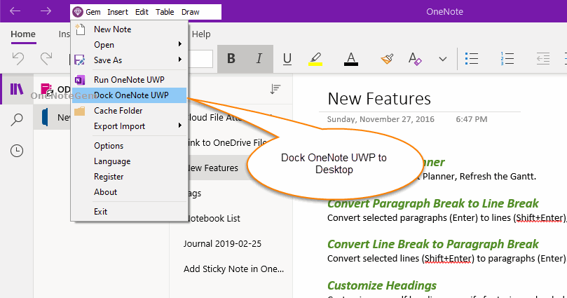 珍寶菜單的停靠 OneNote UWP 功能