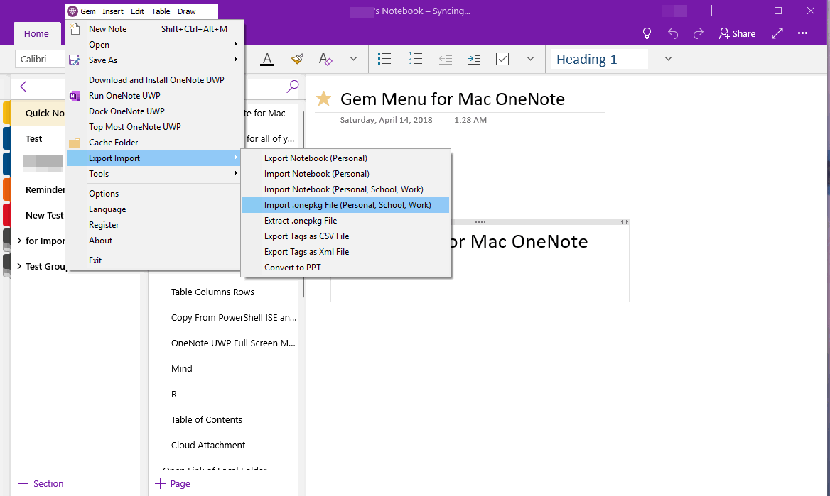 Gem Menu 的導入 .onepkg 文件菜單項