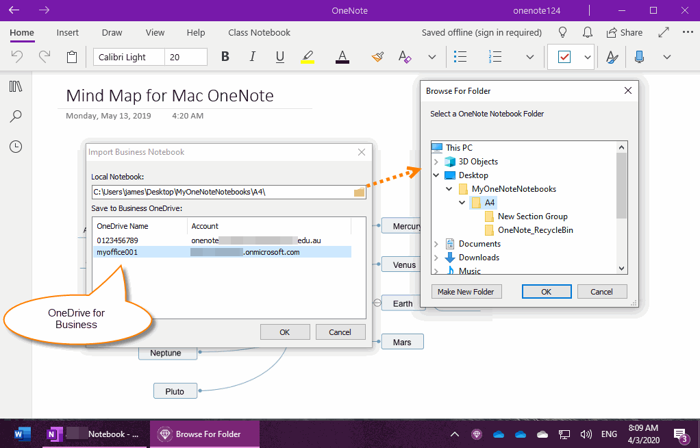指定 OneNote 筆記本和 OneDrive