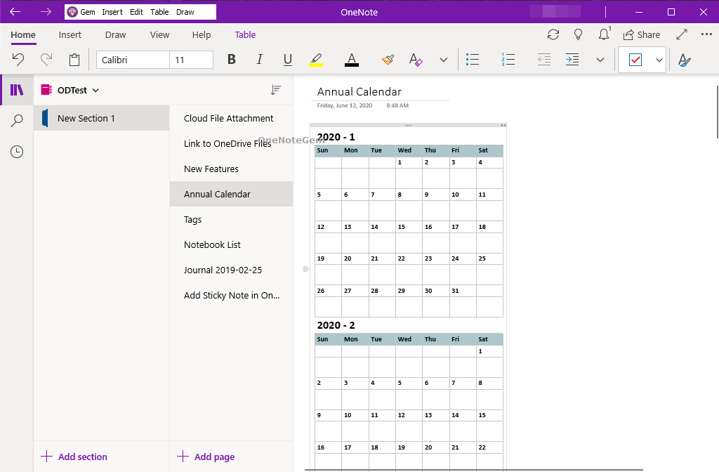 OneNote 頁面裏的全年日歷