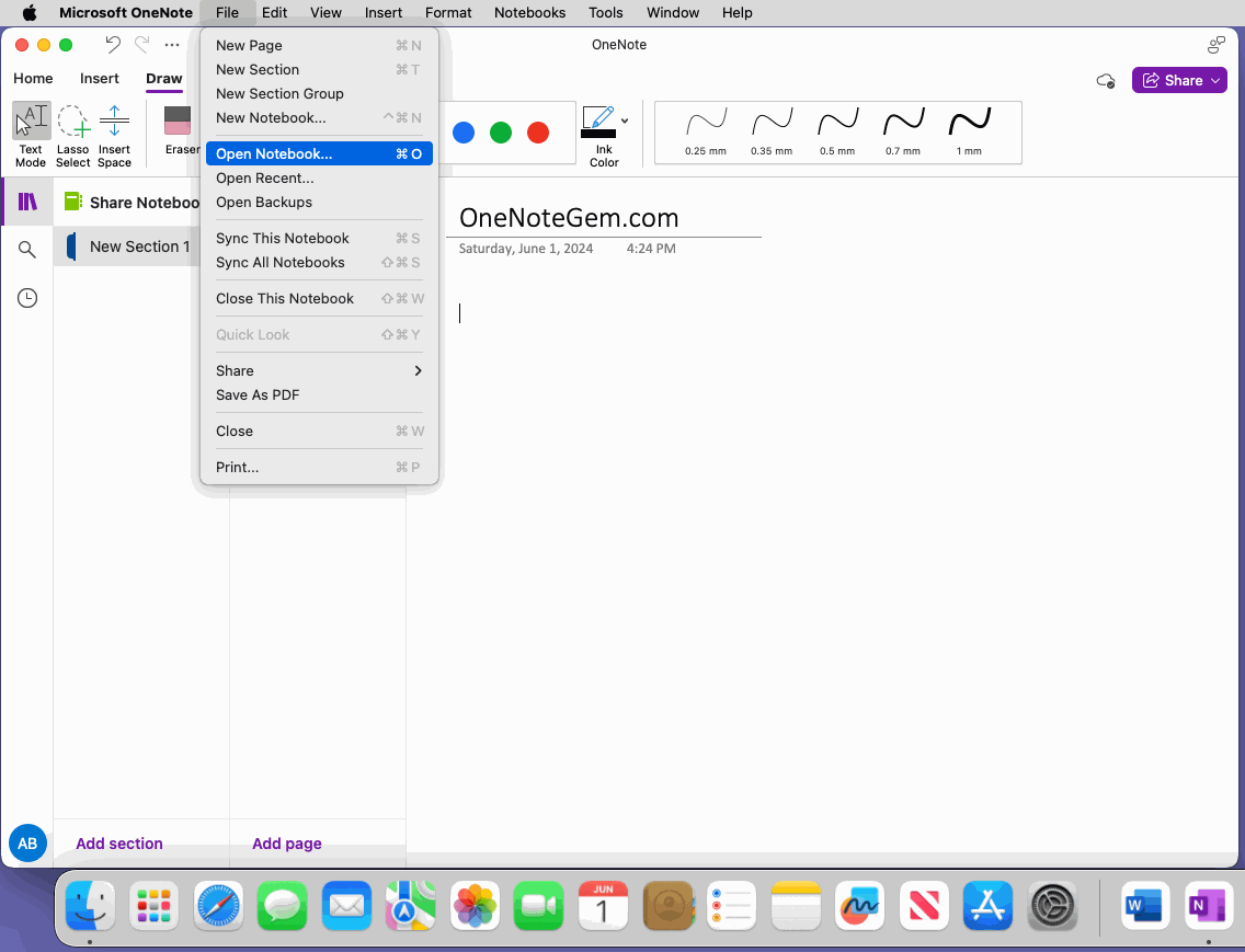 從 Mac OneNote 主菜單打開筆記本(Open Notebook)