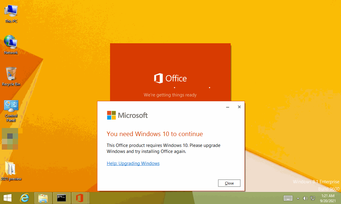 這個 Office 產品需要 Windows 10。請升級 Windows,再重試安裝 Office。