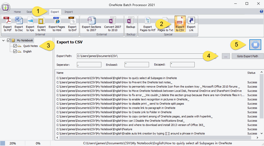 使用批量處理器導出 OneNote 筆記本為壹個 CSV 文件