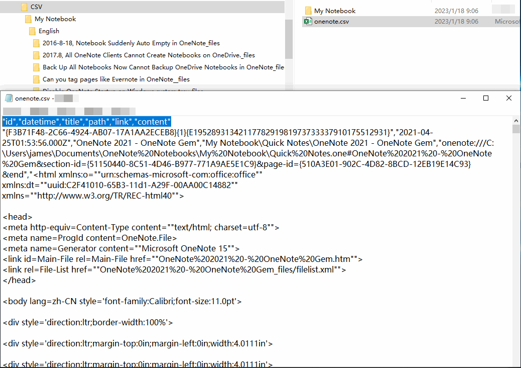 導出的 onenote.csv 及其圖片