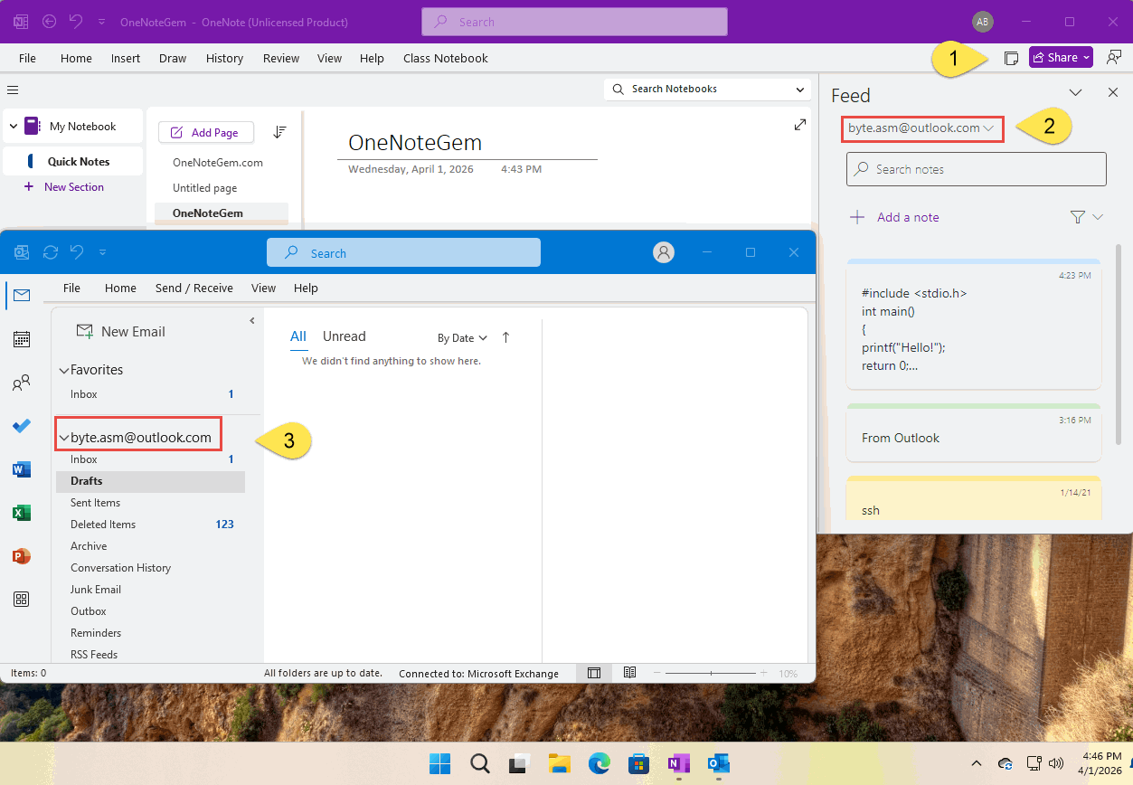 查看 OneNote 裏便箋的微軟賬戶,並在 Outlook 裏登錄該賬戶