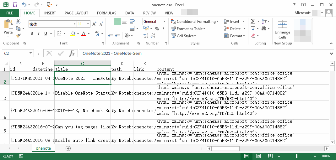 在 Excel 打開 onenote.csv