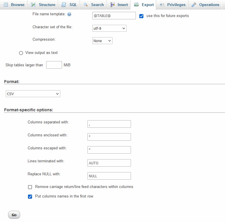 phpMyAdmin 導出視圖 article_full 為 CSV 文件