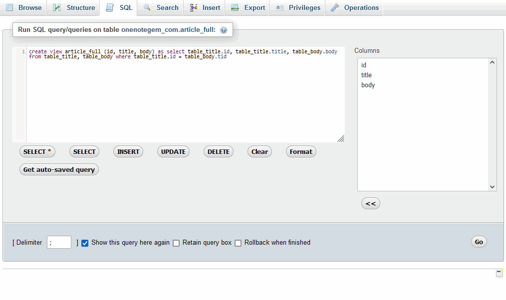 在 phpMyAdmin 裏,通過 SQL 語句合成導出用的視圖 article_full