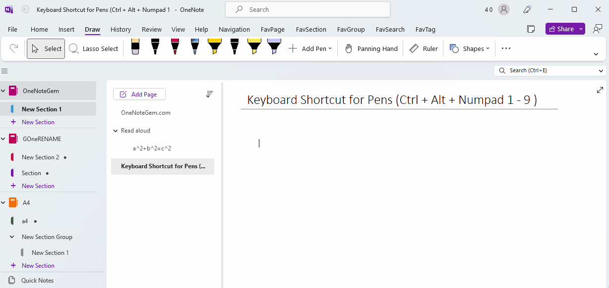 使用 OneNote Gem – Favorites 提供的快捷鍵切換 OneNote 2021 中的新類型畫筆。