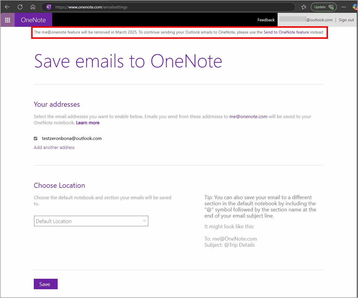 me@onenote功能將於 3 月棄用。要繼續將 Outlook 電子郵件發送到 OneNote,請使用發送到 OneNote 功能: