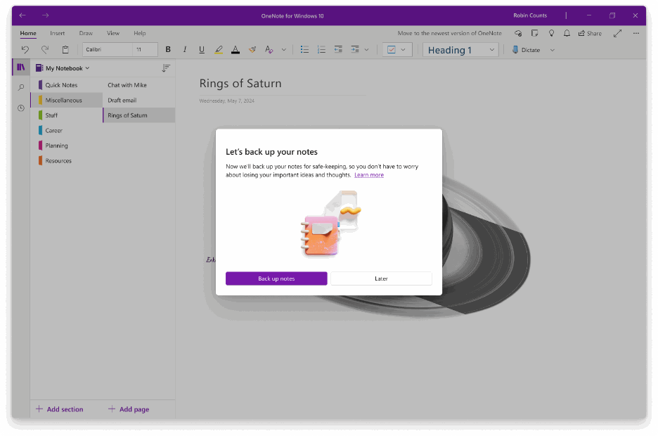 點擊 Back up notes, OneNote 將備份那些沒有同步到雲的筆記。