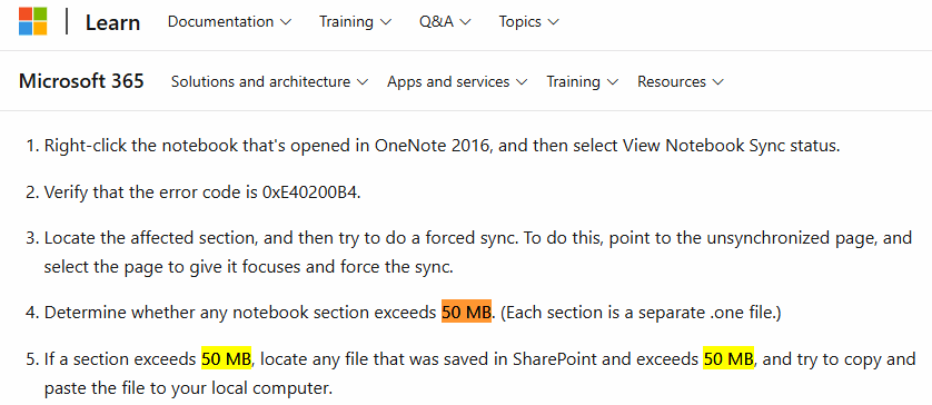 OneNote 分區大小超過 50 MB 會引起 0xE40200B4 同步錯誤