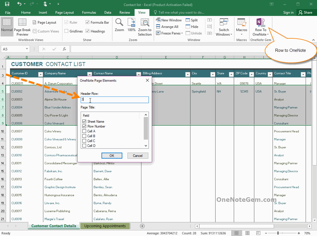 生成多個對應的 OneNote 頁面,以便針對各個 Excel 行標註做筆記