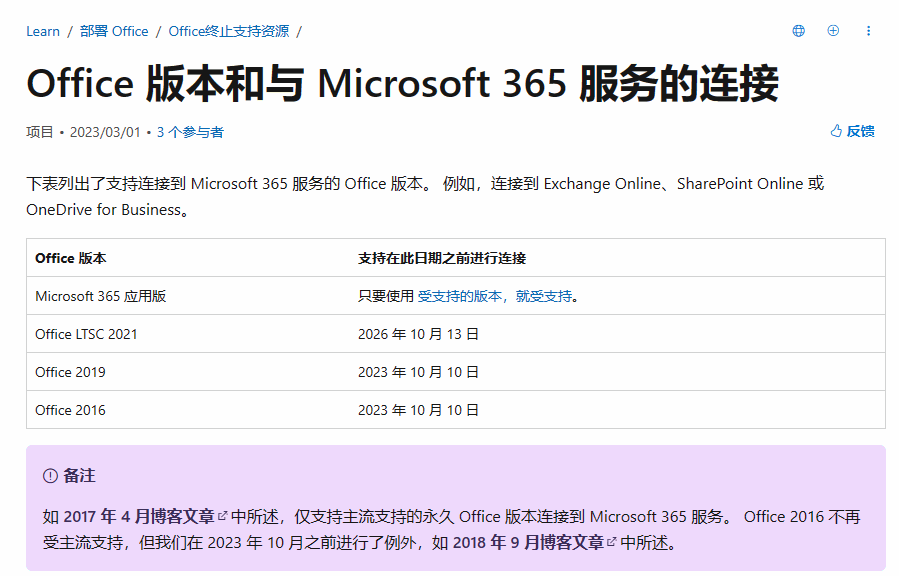 下表列出了支持連接到 Microsoft 365 服務的 Office 版本