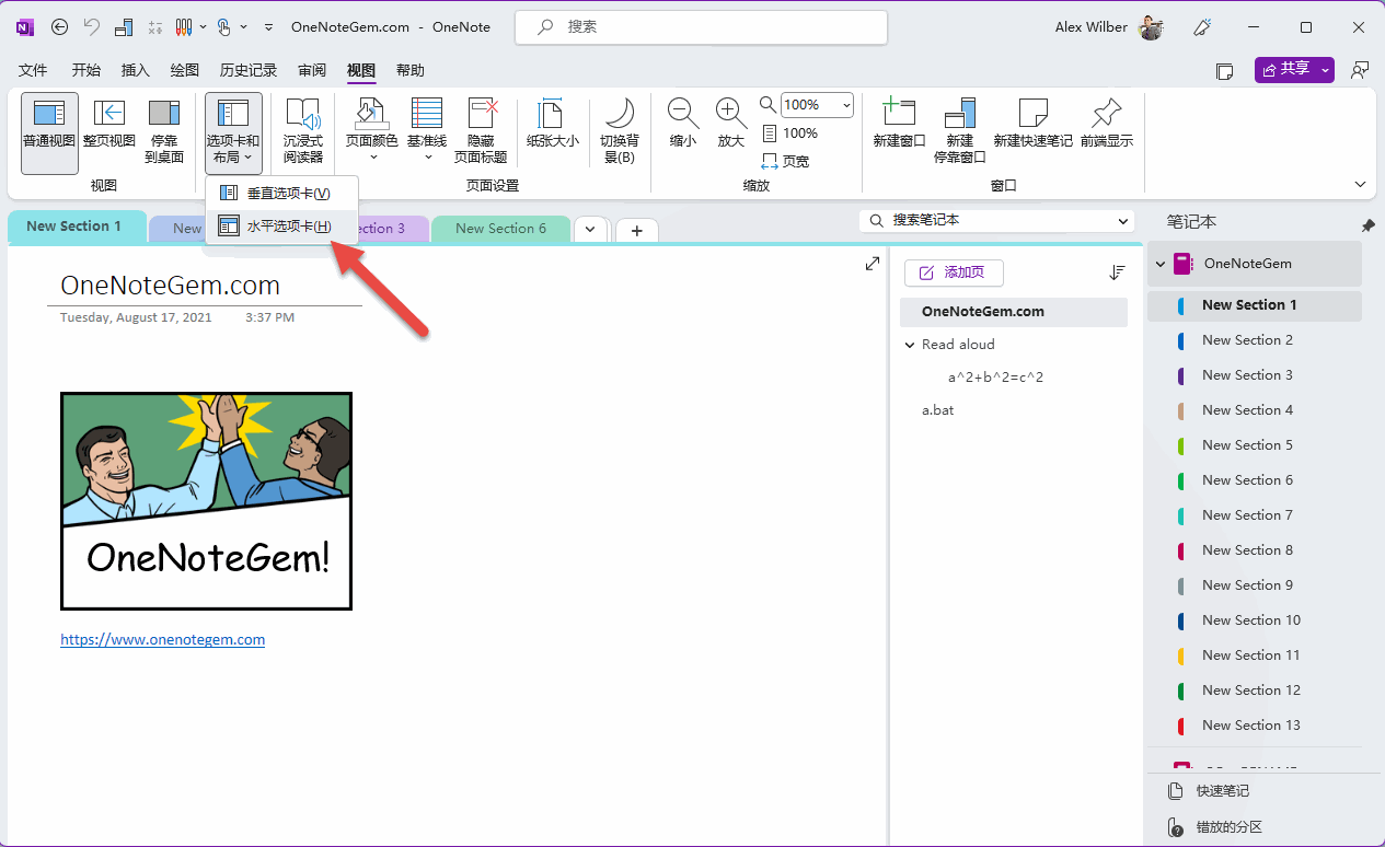新版的 Windows 桌面 OneNote 2021 增加了垂直選項卡的功能。