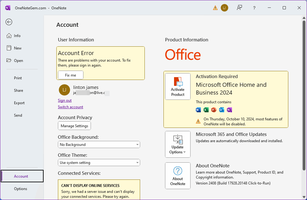 OneNote 2024 消費者版本賬戶