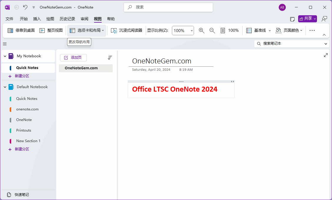 OneNote 2024 LTSC 視圖界面