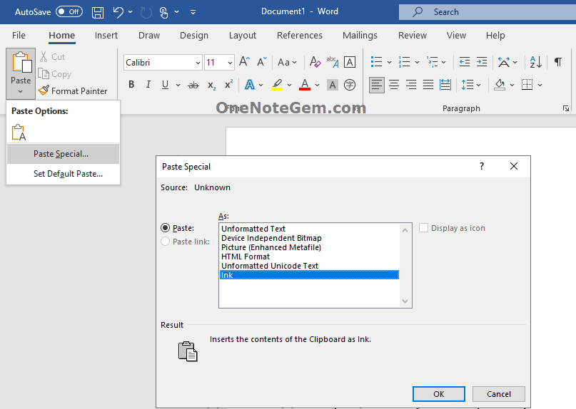 從 OneNote 中復制墨跡,然後通過 Word 的選擇性粘貼,來保持 ink 格式。