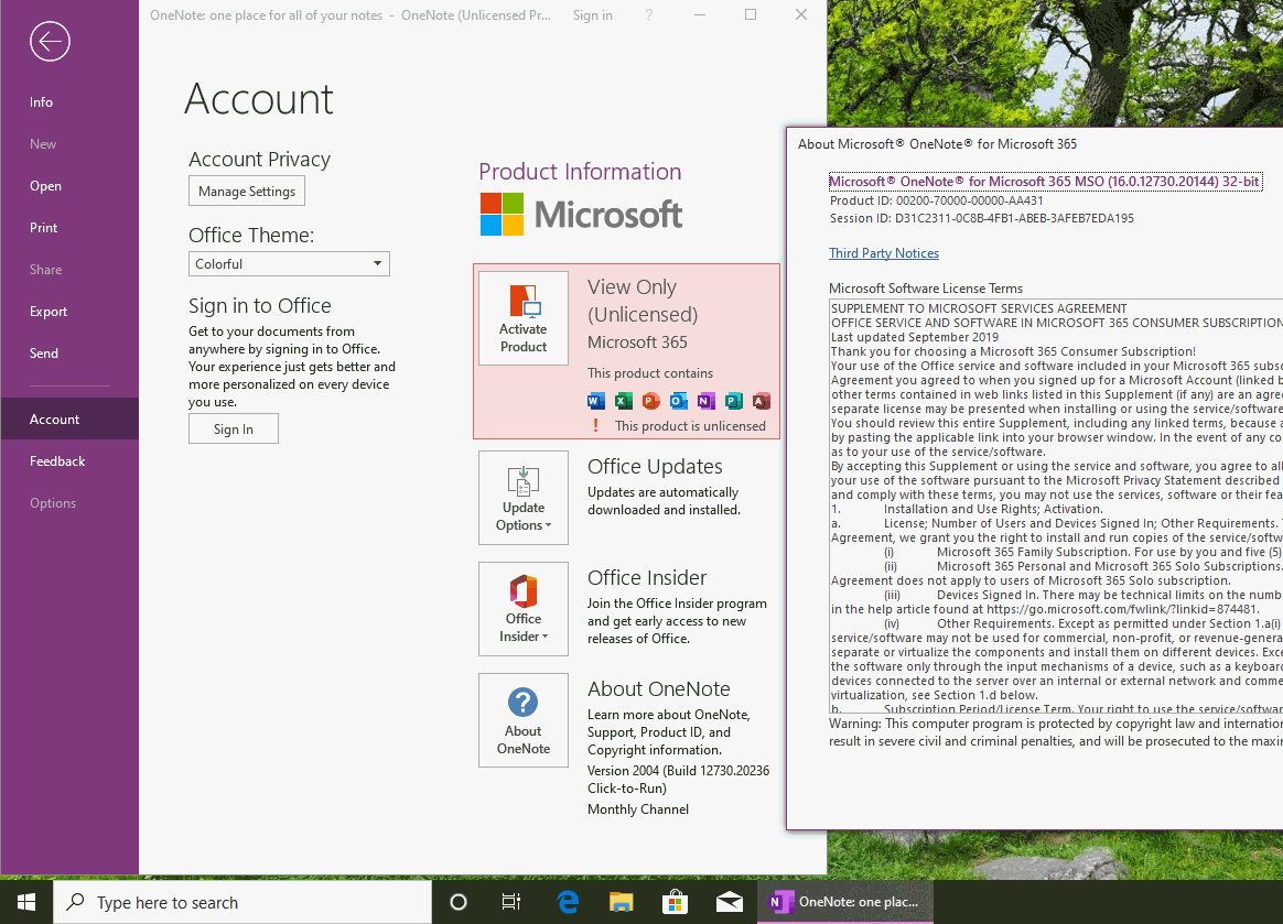 OneNote for Microsoft 365 關於窗口
