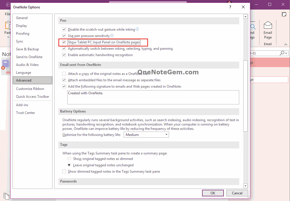 在 OneNote 頁面上顯示平板輸入面版。
