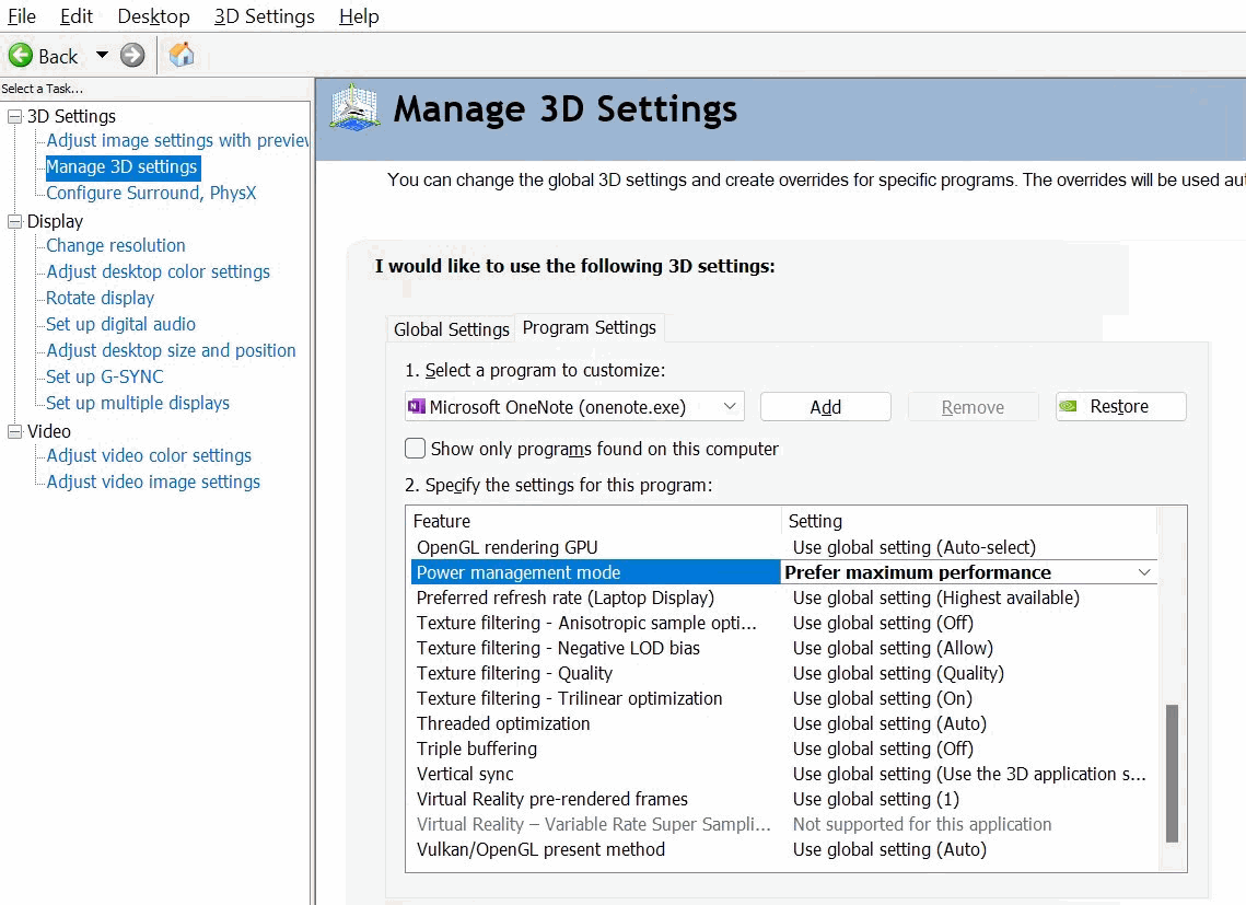 讓 Nvidia 顯卡針對 OneNote.exe 時,把性能提高到最大。
