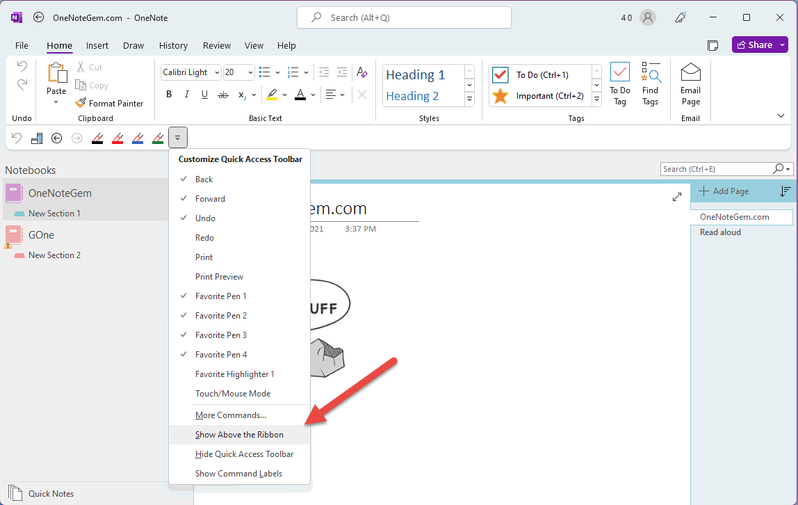 放置快速訪問工具欄到 OneNote 主窗口頂部