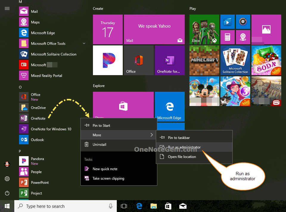 在 Windows 開始菜單裏,用管理員身份運行 OneNote 2016