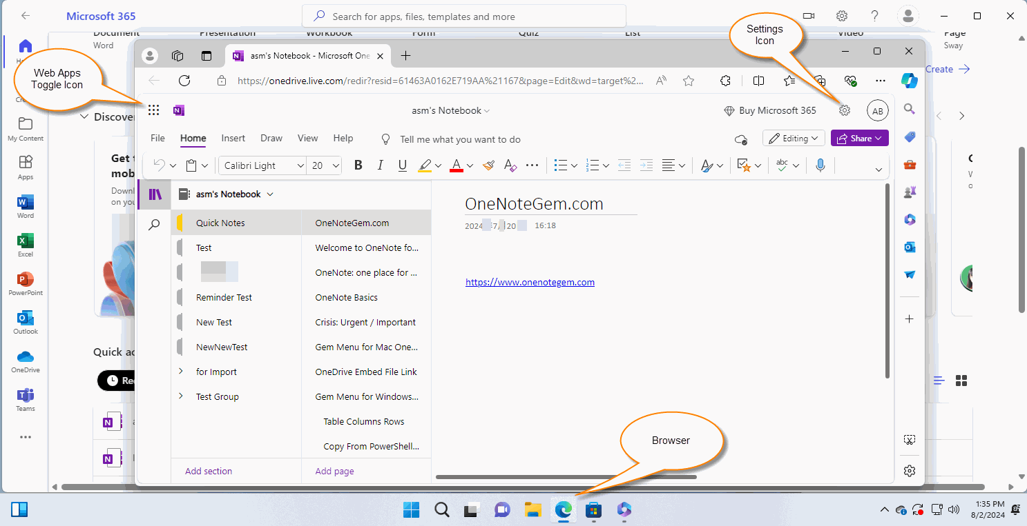 Edge 瀏覽器中打開的是 Web OneNote (網頁版 OneNote)